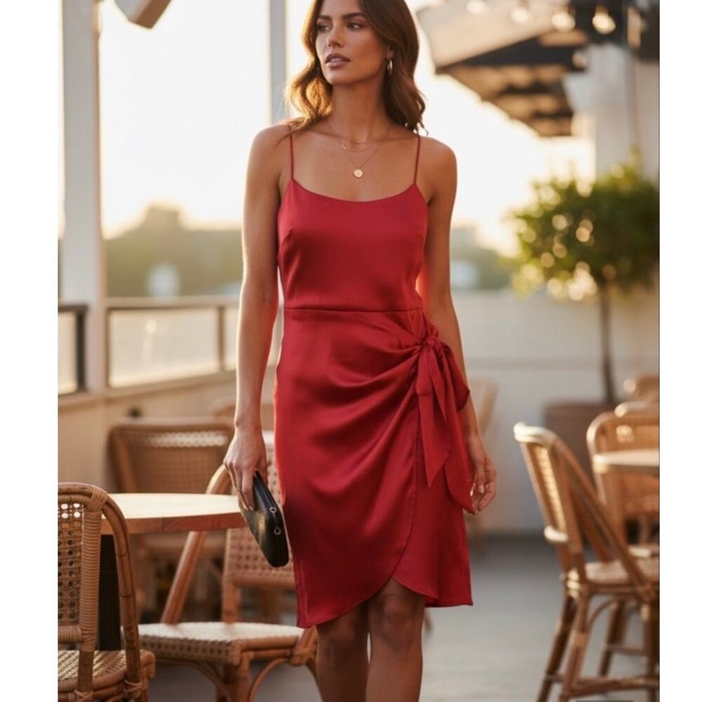 Nine West Hot Pink Satin‎ Side Tie Midi Dress Size L Vibrant Sleeveless Cocktail